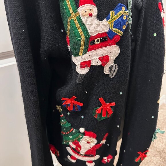 Black and red Christmas sweater with Santa, gifts, Christmas trees, embroidery - Picture 3 of 4